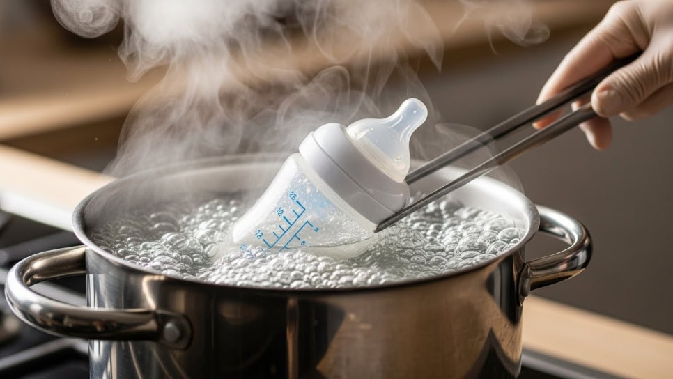 뜨거운 물에 담겨있는 젖병 이미지 | AI 활용 이미지