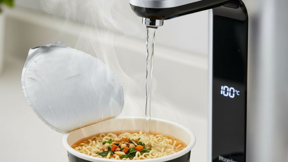 정수기에서 뜨거운 물을 받고 있는 컵라면 이미지 | AI 활용 이미지