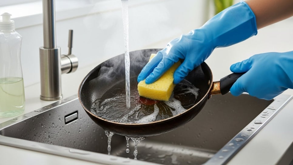 뜨거운 물로 싱크대에서 프라이팬을 설거지하고 있는 이미지 | AI 활용 이미지
