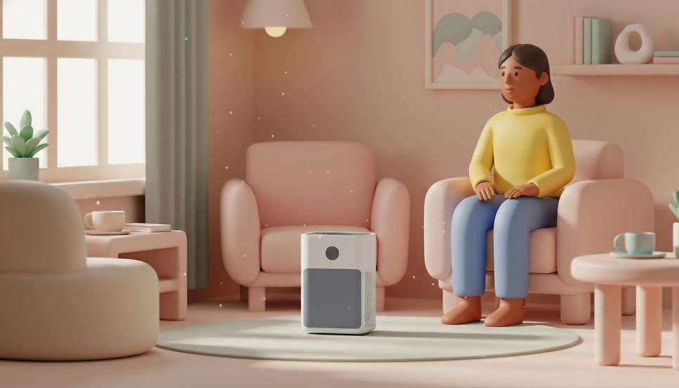 공기청정기 앞에서 쉬고 있는 모습 | AI 활용 이미지