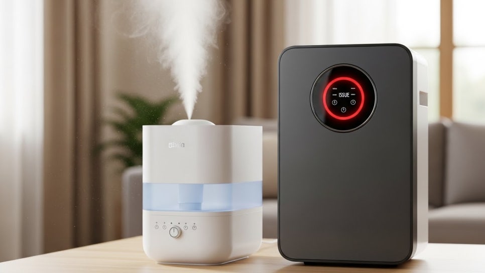 가습기와 공기청정기가 함께 가동되며, 공기청정기는 빨간 불이 들어온 이미지 | AI 활용 이미지