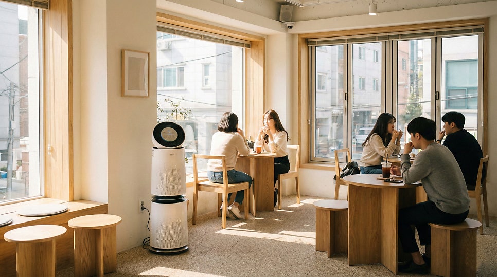 카페에 공기청정기 설치된 이미지  | AI 활용 이미지