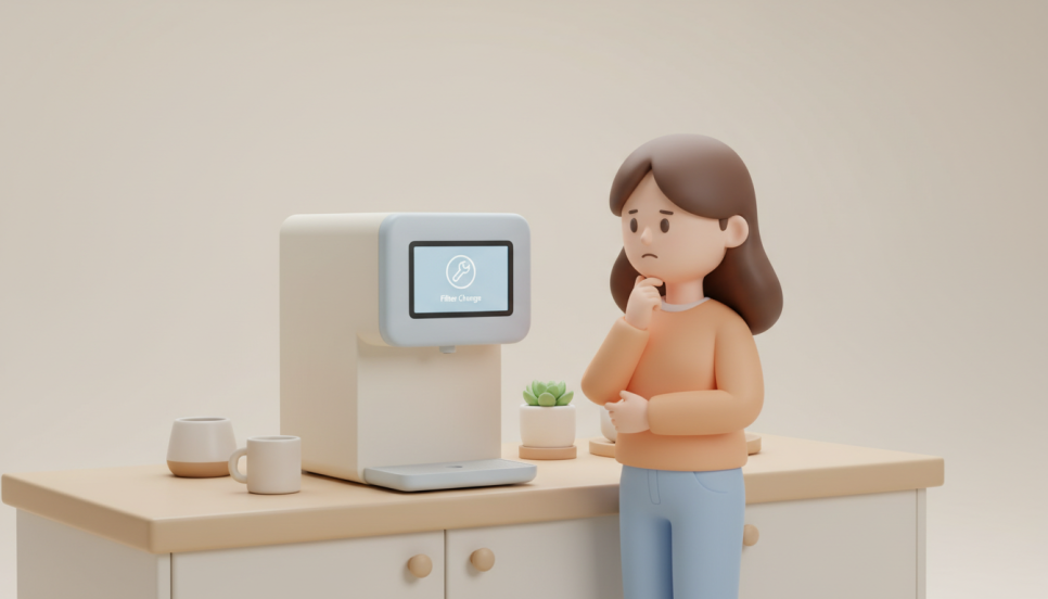 정수기 앞에서 고민을 하고 있는 이미지  |  AI 활용 이미지