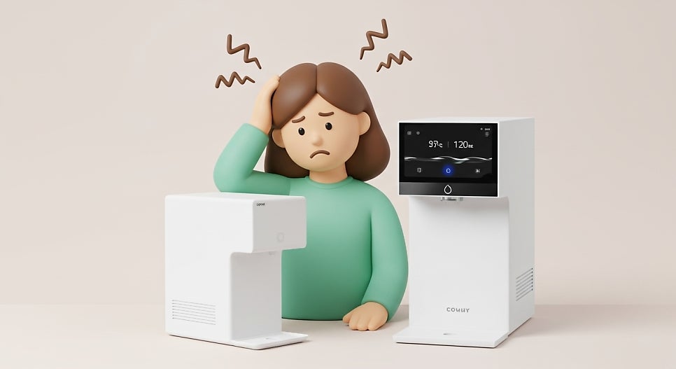 코웨이 아이콘 2와 프로 중 고민 중인 모습 | AI 활용 이미지