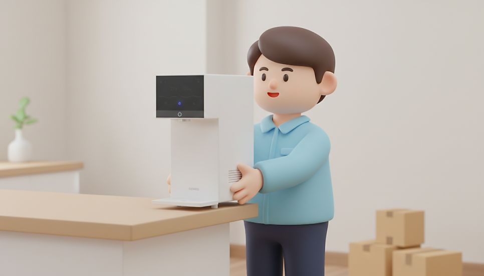 정수기를 들어 옮기고 있는 출장기사님 혹은 사람의 모습 | AI 활용 이미지