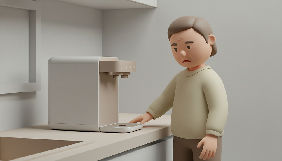 정수기 필터 교체하기 힘들어하는 모습 | AI 활용 이미지