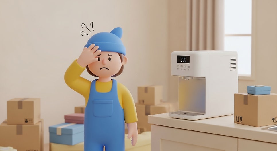 정수기 앞에서 이마를 짚고 있는 이미지 | AI 활용 이미지