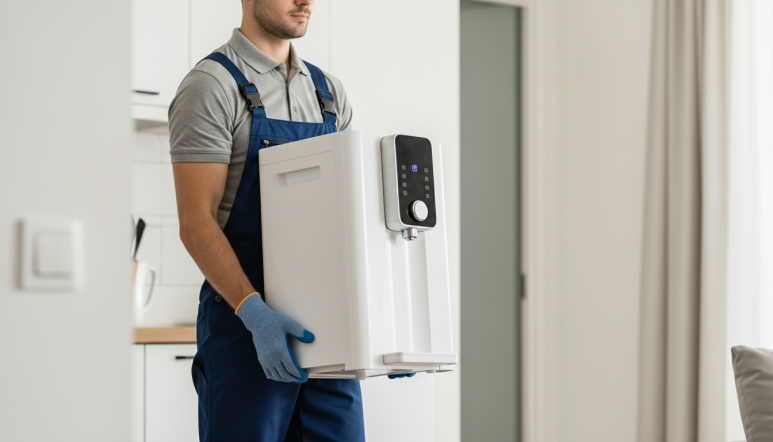 설치기사가 정수기를 옮기는 이미지 | AI 활용 이미지