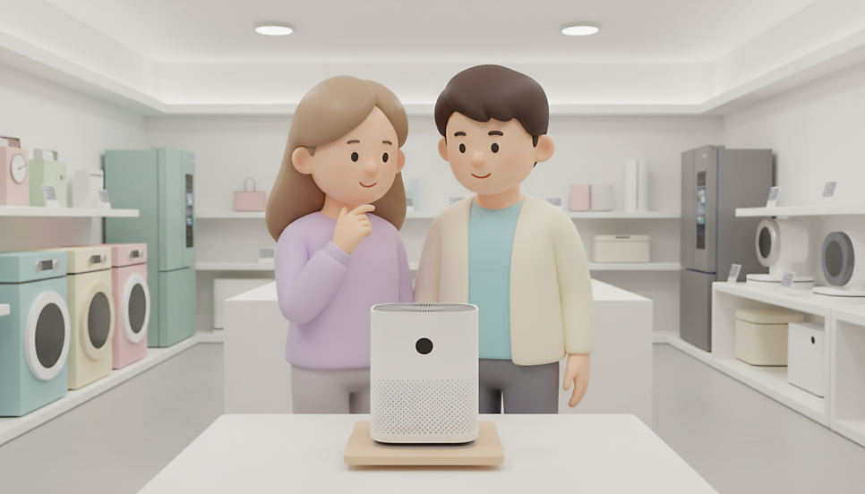 신혼부부가 공기청정기 앞에서 고민하는 모습 | AI 활용 이미지