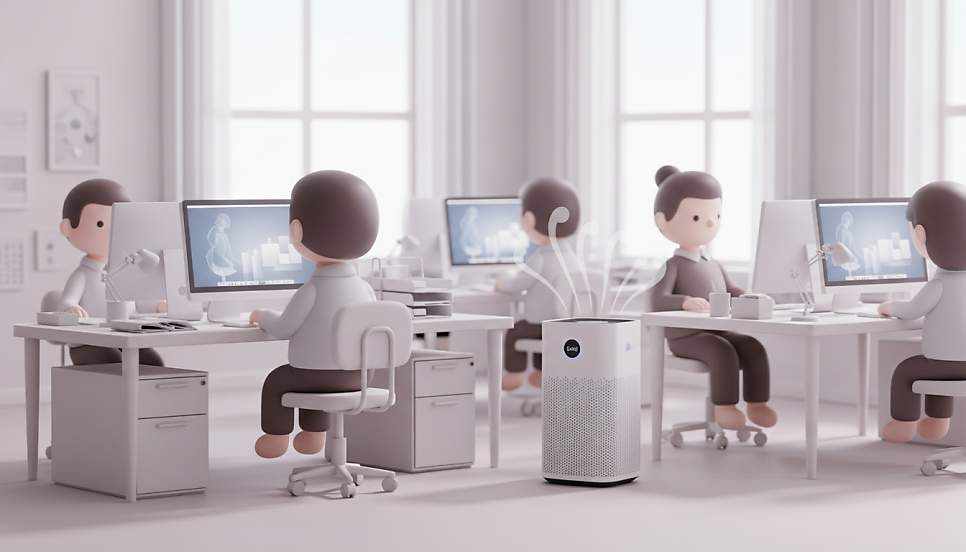 사무실 공기질은 직원들의 건강뿐만 아니라 업무 생산성에도 직접적인 영향을 줍니다. | AI 활용 이미지