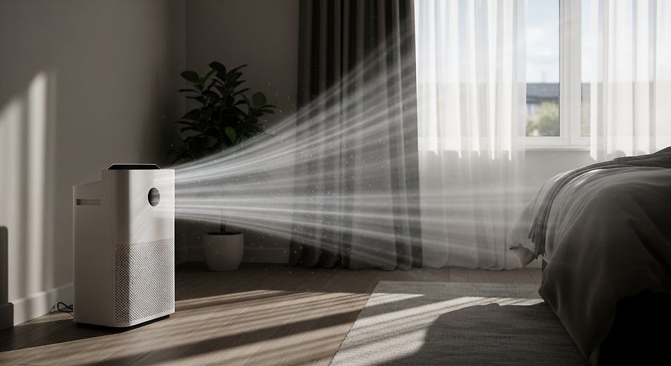 침실에 놓인 공기청정기에서 바람이 멀리까지 나가는 이미지 | AI 활용 이미지