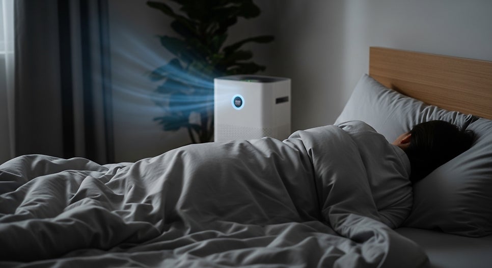 자고 있는 사람 뒤로 공기청정기가 조용히 가동되는 이미지 | AI 활용 이미지