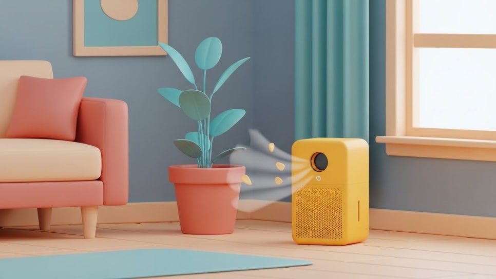 공기정화 식물과 가동 중인 공기청정기의 조화 | AI 활용 이미지