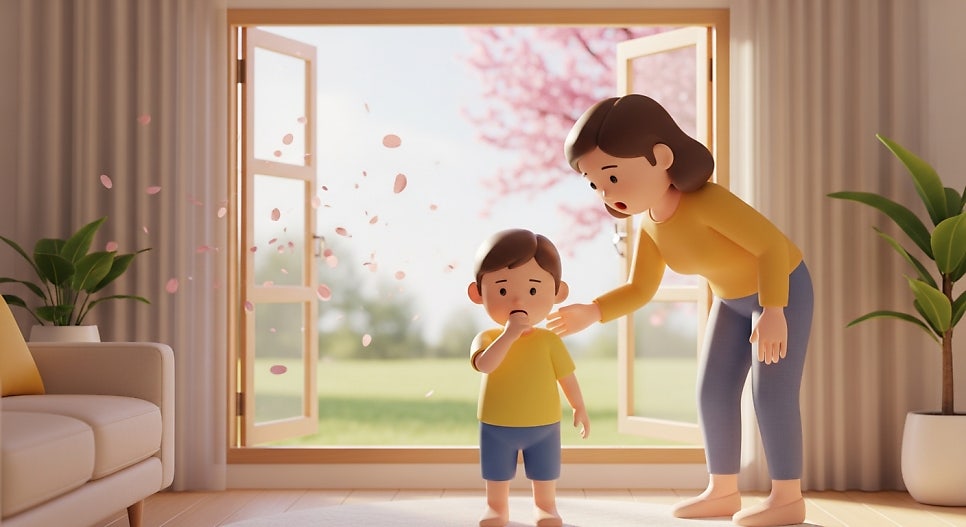 감기인 줄 알았던 아이 기침, 봄 꽃가루가 원인이었어요. | AI 활용 이미지