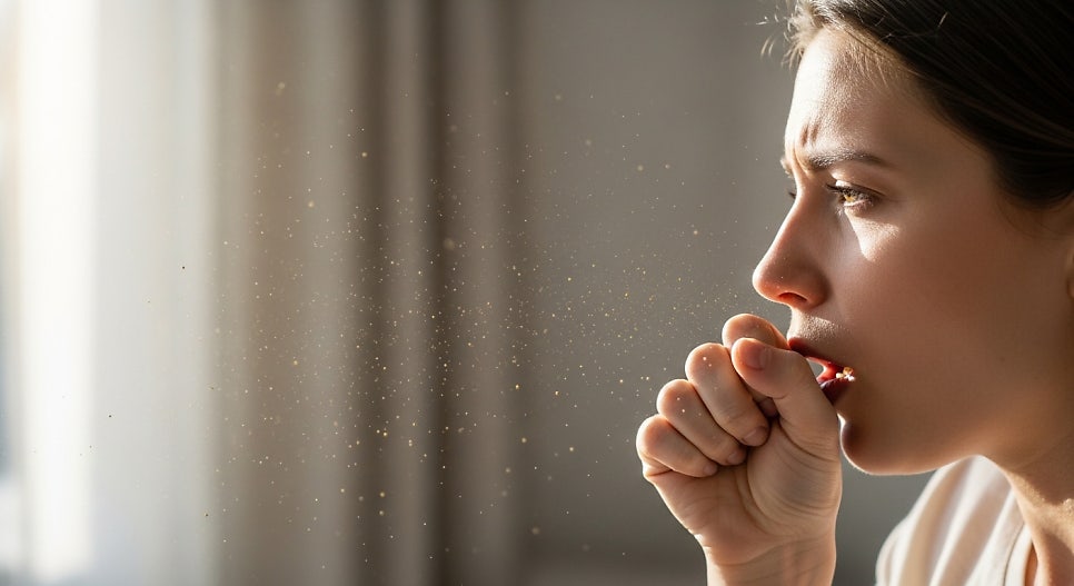 꽃가루 때문에 기침하는 모습 | AI 활용 이미지