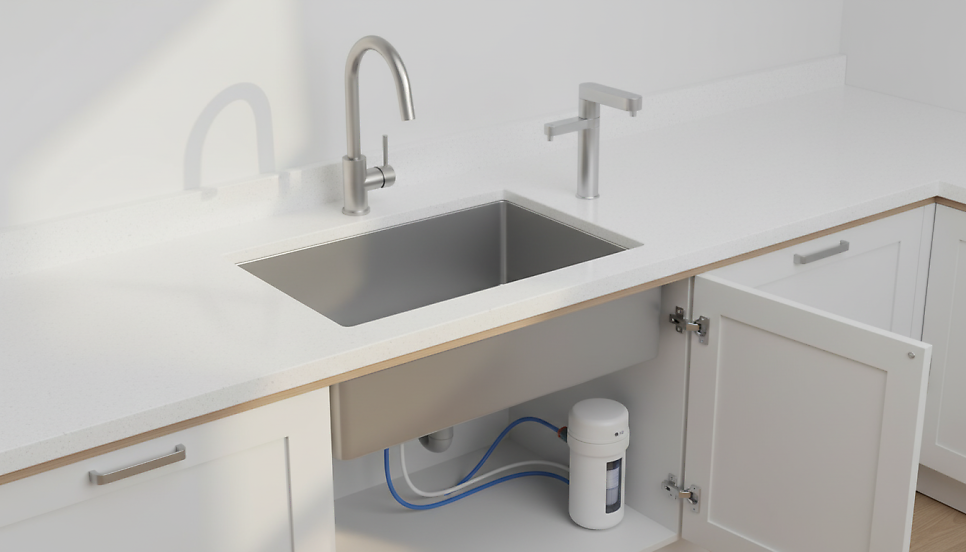 조리대 위 공간을 넓게 확보할 수 있어 인테리어 효과가 뛰어난 언더싱크 정수기 | AI 활용 이미지