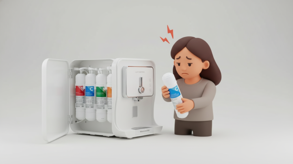 정수기 필터를 들고 고민에 빠진 초보 사용자의 모습 | AI 활용 이미지