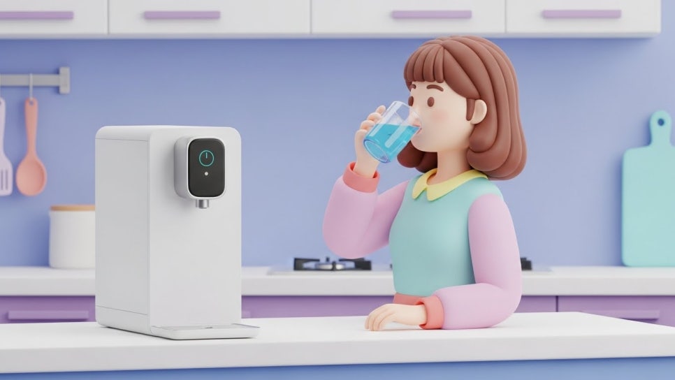 주방에 설치된 현대적인 정수기와 함께 깨끗한 물을 마시는 건강한 일상의 모습 | AI 활용 이미지