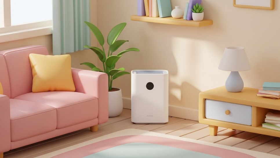 거실 한구석에서 조용히 작동 중인 공기청정기 | AI 활용 이미지