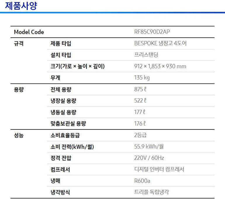 비스포크 4도어 냉장고 875L (글라스 도어, 2등급, 23년형)