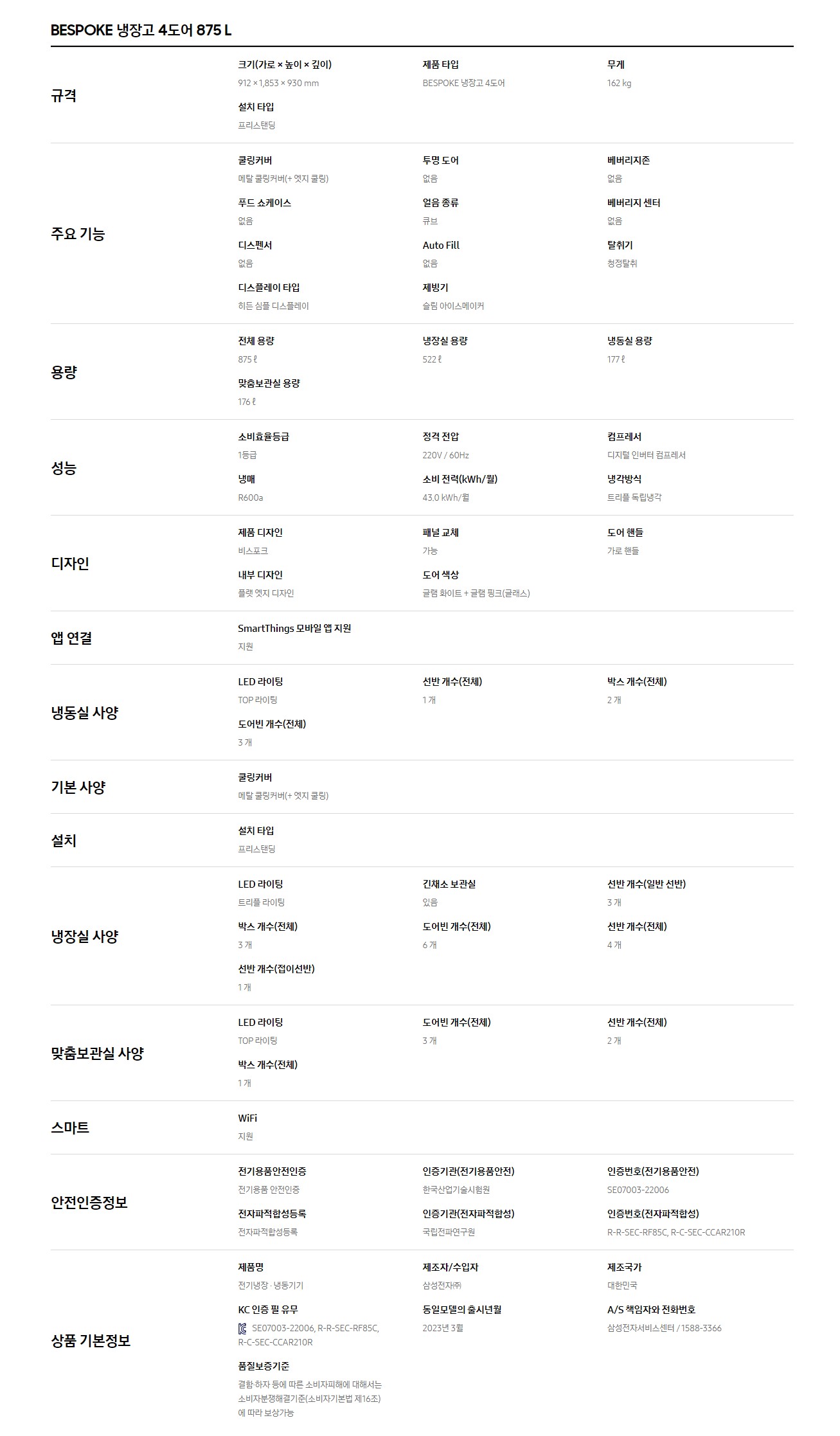 비스포크 4도어 냉장고 875L (메탈 도어, 1등급, 23년형)